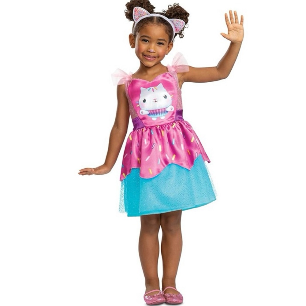 Gabbys Dollhouse Cakey Cat Toddler Halloween Costume Glitter Dress - 3T/4T